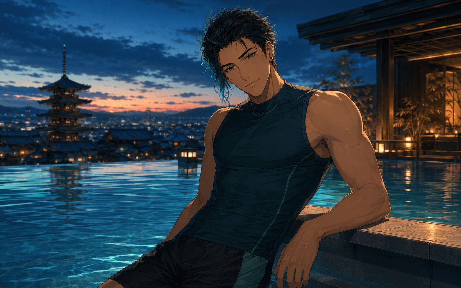 Sora in the staged game-art desk after midnight scene
